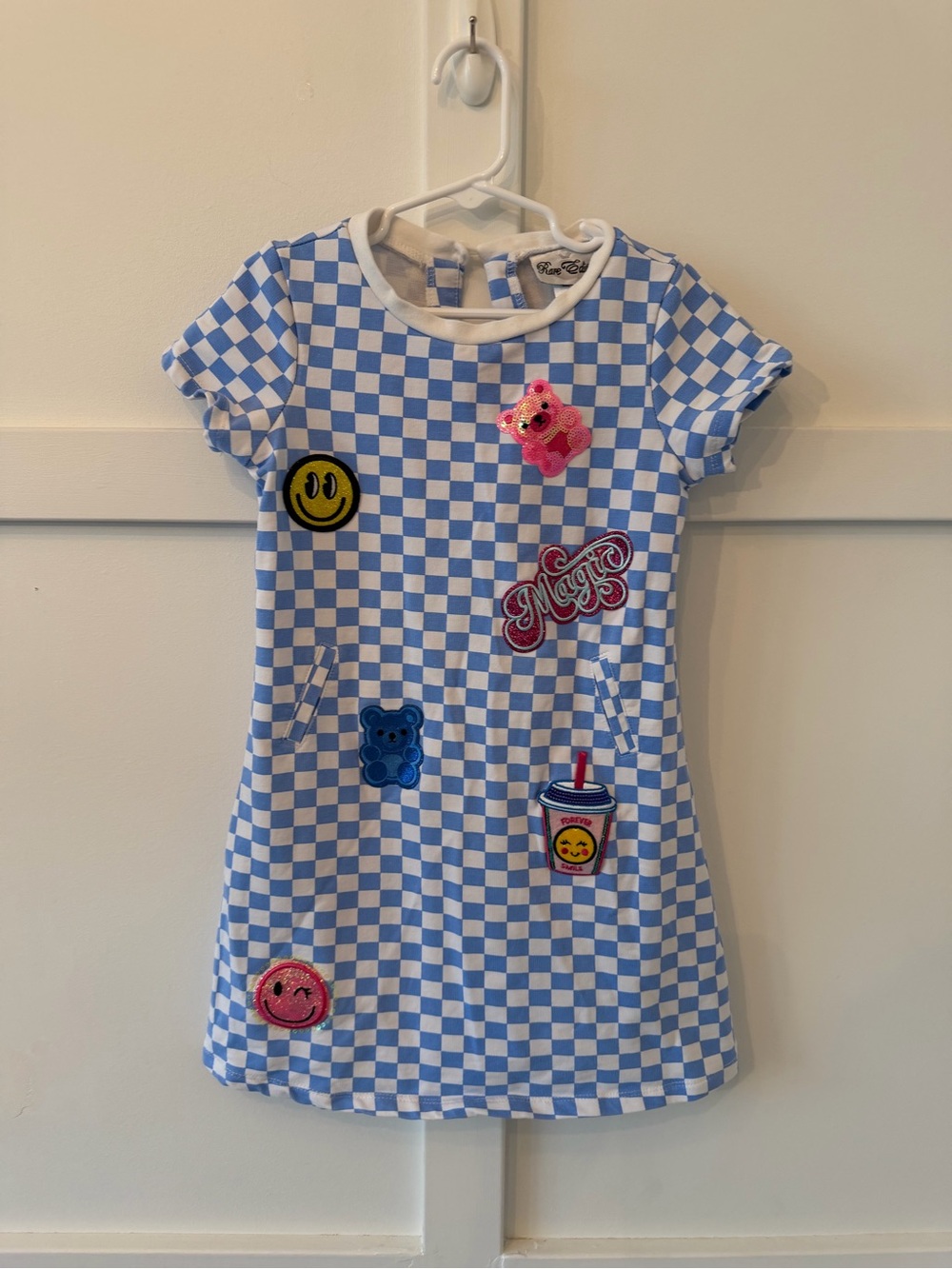 Rare Editions Blue and White Checkerboard Patch Dress